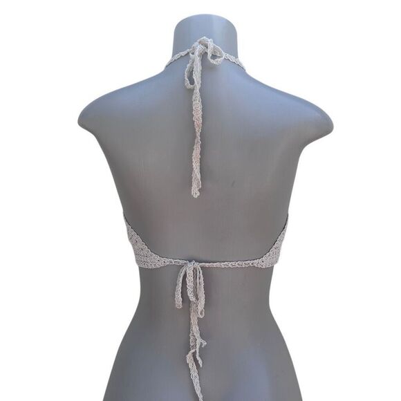 Rebellion Again Crop Top Women's Medium Ecru Crochet Macrame Halter Tie Boho - Picture 6 of 15